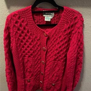 Aran Crafts Ireland 100% Merino Wool Cable Knit Cardigan Fuchsia Pink Size S EUC